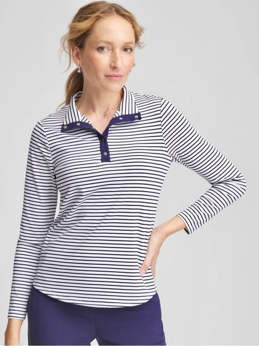 Chico’s Zenergy UPF Snap-Front Mockneck Pullover Top Women’s Size XXL Stripe